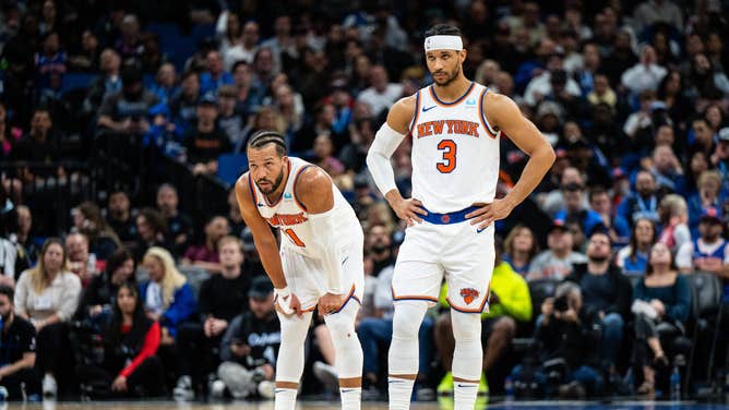 New York Knicks PG Jalen Brunson and SF Josh Hart during a timeout against the Orlando Magic at the KIA Center.