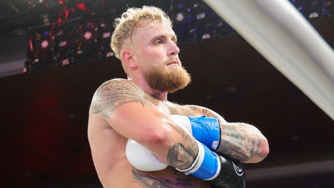 Jake Paul reacts after knocking out Andre August in the first round at Caribe Royale Orlando.