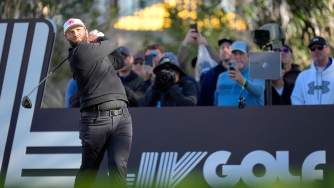 Jon Rahm plays a shot during the LIV Golf Las Vegas tournament.