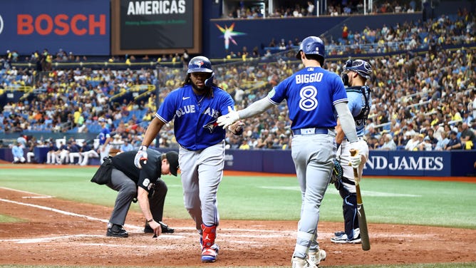 Toronto Blue Jays 1B Vladimir Guerrero Jr. daps up 2B Cavan Biggio after hitting a home run vs. the Tampa Bay Rays at Tropicana Field. (Kim Klement Neitzel-USA TODAY Sports)