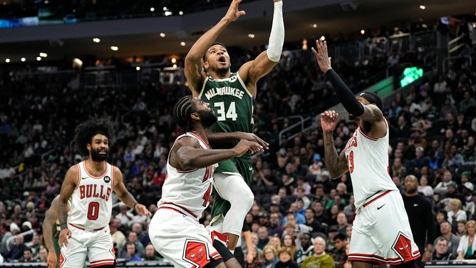 Milwaukee Bucks All-Star Giannis Antetokounmpo attacks the hoop vs. the Chicago Bulls at Fiserv Forum in Wisconsin. (Jeff Hanisch-USA TODAY Sports)