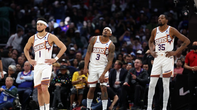 Phoenix Suns All-Stars Devin Booker, Kevin Durant, and Bradley Beal at Crypto.com Arena in Los Angeles. (Kiyoshi Mio-USA TODAY Sports)