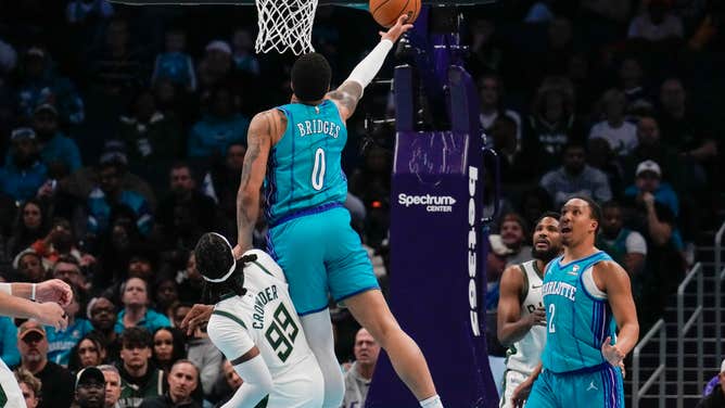 Charlotte Hornets SF Miles Bridges takes a layup against the Milwaukee Bucks at Spectrum Center in North Carolina. (Jim Dedmon-USA TODAY Sports)