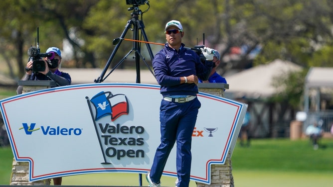 Hideki Matsuyama watches his shot on the 11th tee during the Valero Texas Open 2021 at TPC San Antonio. (Daniel Dunn-USA TODAY Sports)