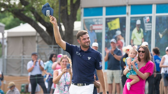 Corey Conners celebrates winning the 2023 Valero Texas Open at TPC San Antonio. (Raymond Carlin III-USA TODAY Sports)