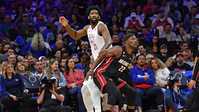 Philadelphia 76ers C Joel Embiid and Miami Heat SF Jimmy Butler battle for position at Wells Fargo Center. (Eric Hartline-USA TODAY Sports)