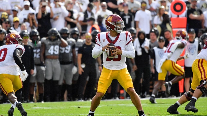 USC Trojans QB Caleb Williams drops back to pass against the Colorado Buffaloes at Folsom Field in Boulder. (John Leyba-USA TODAY Sports)