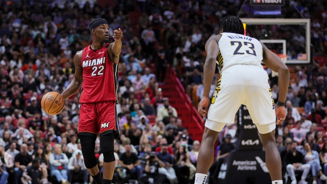 Miami Heat wing Jimmy Butler calls a play vs. the Indiana Pacers at Kaseya Center in Florida. (Sam Navarro-USA TODAY Sports)