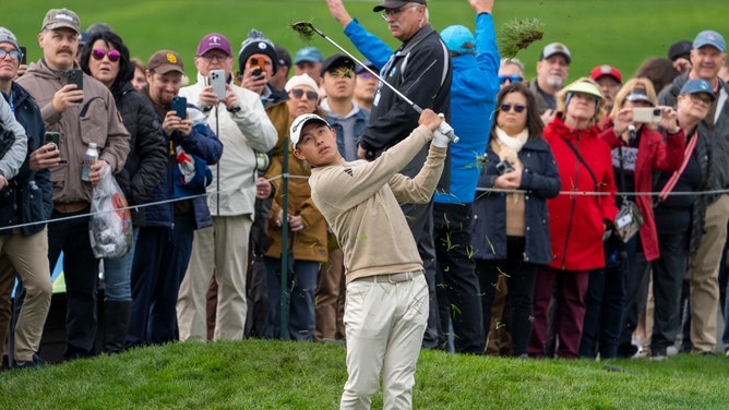 Collin Morikawa hits a chip shot during the AT&T Pebble Beach Pro-Am 2024. (Kyle Terada-USA TODAY Sports)
