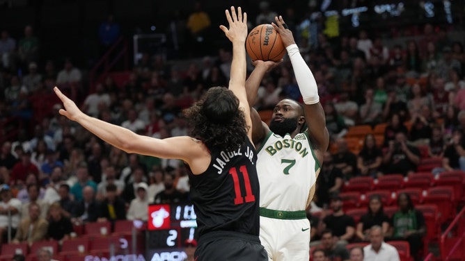 Boston Celtics SF Jaylen Brown shoots over Miami Heat SF Jaime Jaquez Jr. at Kaseya Center in Florida. (Jim Rassol-USA TODAY Sports)
