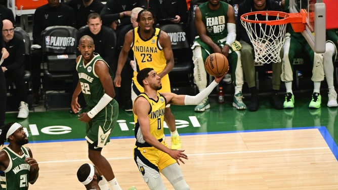 Indiana Pacers PG Tyrese Haliburton gets a layup vs. the Milwaukee Bucks in Game 1 of the 1st round in the 2024 NBA playoffs at Fiserv Forum in Wisconsin. (Benny Sieu-USA TODAY Sports)