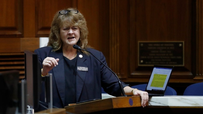 Barbara Ehardt, an Idaho Republican state representative who authored a similar bill in her own state, shares a testimony in support of House Bill 1041 on Monday, Jan. 24, 2022, at the Indiana Statehouse in Indianapolis. The bill, which was voted to move on to the House floor, prohibits transgender girls from playing on girls sports teams at the K-12 level.