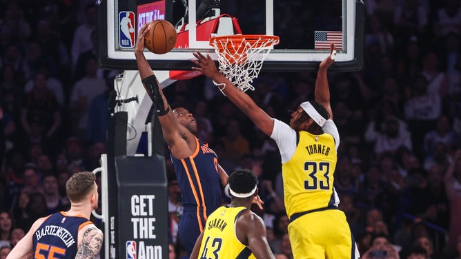 New York Knicks SF OG Anunoby tries to dunk on Indiana Pacers C Myles Turner during Game 2 of the second round for the 2024 NBA Playoffs at Madison Square Garden. (Wendell Cruz-USA TODAY Sports)