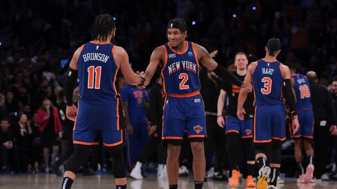 New York Knicks SG Miles McBride celebrates with PG Jalen Brunson in Game 5 of the second round for the 2024 NBA Playoffs vs. the Indiana Pacers at Madison Square Garden. (Vincent Carchietta-USA TODAY Sports)