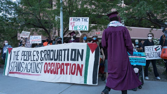 Anti-Israel protesters gather outside Arizona State University's undergraduate commencement on ASU's Tempe Campus on May 6, 2024.
