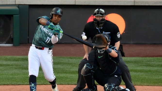 Cleveland Guardians 3B Jose Ramirez hits a double in the 2023 MLB All-Star Game at T-Mobile Park in Seattle, Washington. (Steven Bisig-USA TODAY Sports)