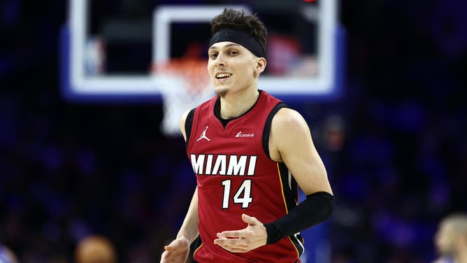PHILADELPHIA, PENNSYLVANIA - APRIL 17: Tyler Herro #14 of the Miami Heat reacts after scoring during the second quarter against the Philadelphia 76ers of the Eastern Conference Play-In Tournament at the Wells Fargo Center on April 17, 2024 in Philadelphia, Pennsylvania. NOTE TO USER: User expressly acknowledges and agrees that, by downloading and or using this photograph, User is consenting to the terms and conditions of the Getty Images License Agreement. (Photo by Tim Nwachukwu/Getty Images and Getty Creatives)