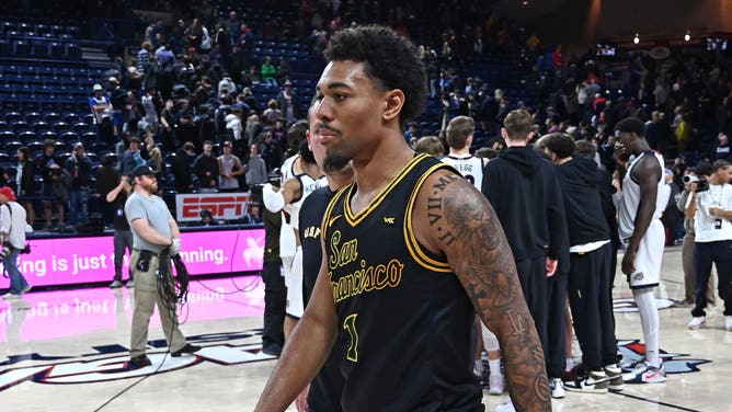 San Francisco Dons guard Malik Thomas walks off the court after a game against the Gonzaga Bulldogs at McCarthey Athletic Center.