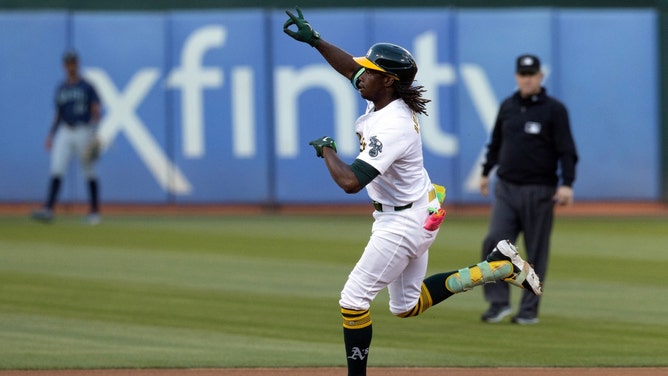 Athletics RF Lawrence Butler runs out his solo home run vs. the Seattle Mariners at Oakland-Alameda County Coliseum. (Photo Credit: D. Ross Cameron-Imagn Images)