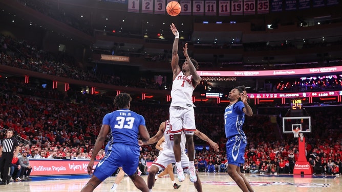 The St. John's Red Storm play the Creighton Bluejays Saturday in the 2025 Big East men's college basketball conference championship. (Photo credit: Wendell Cruz-Imagn Images)