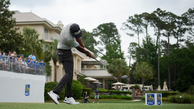 Sahith Theegala hits his tee shot during the final round of the 2024 RBC Heritage at Harbour Town Golf Links in Hilton Head Island, South Carolina. (Photo Credit: Aaron Doster-Imagn Images)
