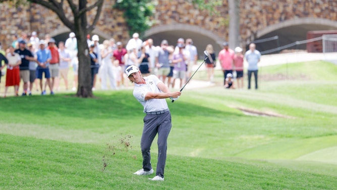Jake Knapp hits from the rough on the sixth hole in THE CJ CUP Byron Nelson 2024 at TPC Craig Ranch in McKinney, Texas. (Photo credit: Andrew Dieb-Imagn Images)