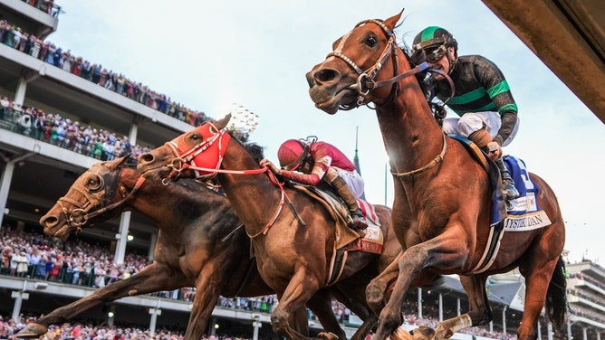 Mystik Dan beats Sierra Leone, and Forever Young in a photo finish in the 2024 Kentucky Derby at Churchill Downs in Louisville. (Photo credit: Michael Clevenger and Christopher Granger / USA TODAY NETWORK via Imagn Images)