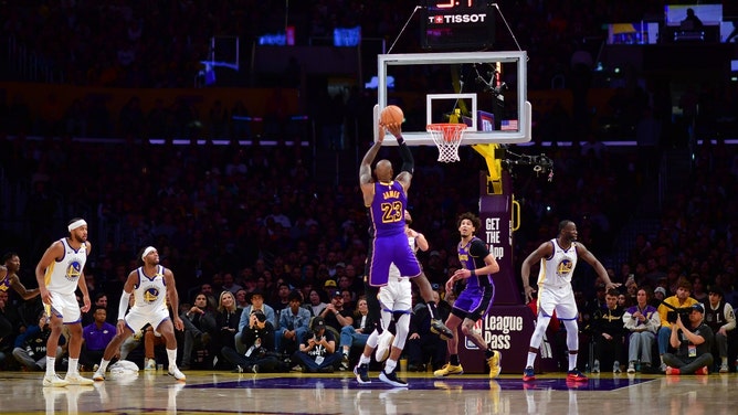 Los Angeles Lakers All-Star LeBron James shooting a 3-pointer vs. the Golden State Warriors at Crypto.com Arena. (Photo Credit: Gary A. Vasquez-Imagn Images)