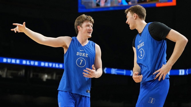 Duke Blue Devils SG Kon Knueppel and forward Cooper Flagg practice for the Final Four of the 2025 NCAA Tournament. (Photo Credit: Bob Donnan-Imagn Images)