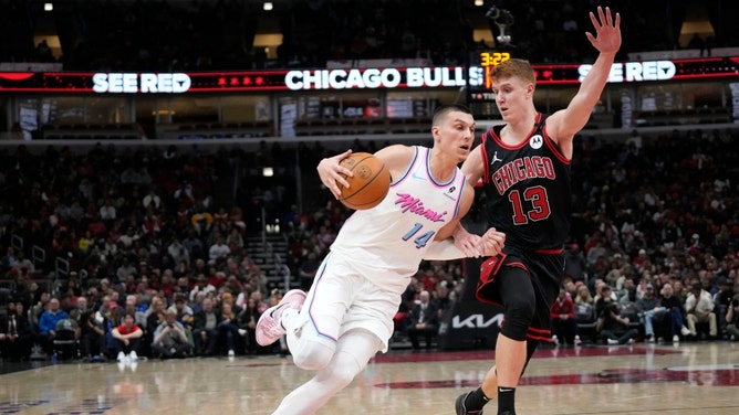 The Miami Heat visit the Chicago Bulls Wednesday at the United Center in the 2025 NBA Play-In Tournament. (Photo credit: David Banks-Imagn Images)