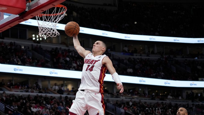 Miami Heat SG Tyler Herro cramming it against the Chicago Bulls in the 2025 NBA Play-In Tournament Wednesday. (Photo credit: David Banks-Imagn Images)