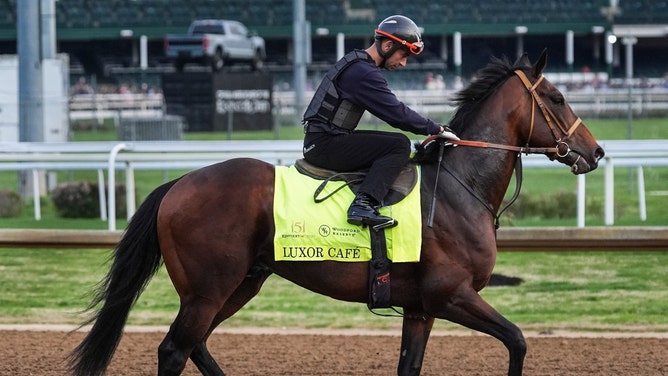 Jockey Joao Moreira atop 2025 Kentucky Derby contender Luxor Cafe during morning workouts at Churchill Downs in Louisville. (Photo credit: Matt Stone/Courier Journal-USA TODAY NETWORK via Imagn Images)