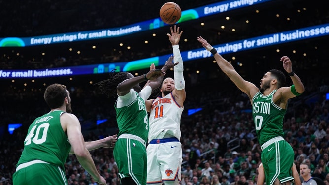 New York Knicks PG Jalen Brunson shooting a floater over the Boston Celtics in Game 2 of the Eastern Conference Semifinals in the 2025 NBA Playoffs. (Photo credit: David Butler II-Imagn Images)