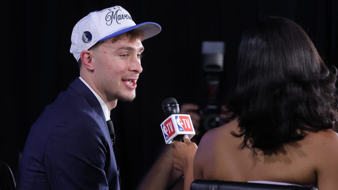 Cooper Flagg is interviewed by NBA TV after being selected as the first overall pick by the Dallas Mavericks in the 2025 NBA Draft.