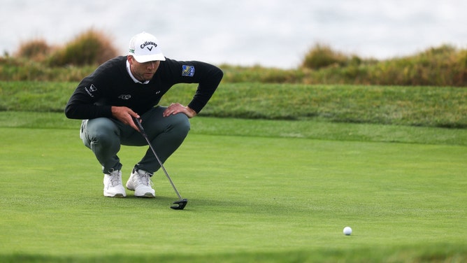 Sam Burns lining up a putt during the AT&T Pebble Beach Pro-Am. (Photo Credit: Kiyoshi Mio-Imagn Images)