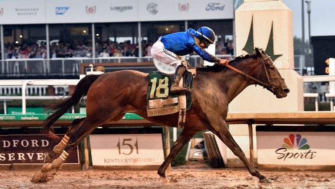 Sovereignty crosses the finish line to win the 151st Kentucky Derby at Churchill Downs in Louisville. (Photo credit: Timothy D. Easley/Special to the Courier Journal-USA TODAY NETWORK via Imagn Images)