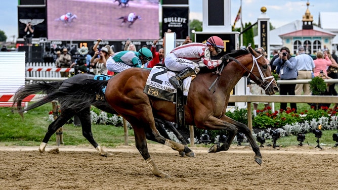 Journalism wins the 150th Preakness Stakes at Pimlico Race Course in Baltimore, Maryland. (Photo credit: Tommy Gilligan-Imagn Images)
