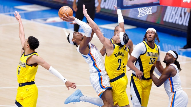 Oklahoma City Thunder's Shai Gilgeous-Alexander attacking the rack vs. the Indiana Pacers in Game 1 of the 2025 NBA Finals. (Photo credit: Alonzo Adams-Imagn Images)