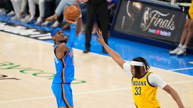 Oklahoma City Thunder's Shai Gilgeous-Alexander shoots over Indiana Pacers C Myles Turner during Game 2 of the 2025 NBA Finals at Paycom Center. (Photo Credit: Kyle Terada-Imagn Images)