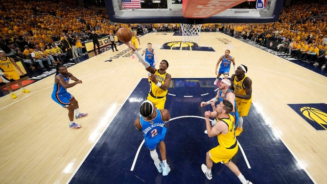 Indiana Pacers SG Bennedict Mathurin attacking the rim vs. the Oklahoma City Thunder during Game 3 of the 2025 NBA Finals at Gainbridge Fieldhouse. (Photo Credit: Kyle Terada-Imagn Images)