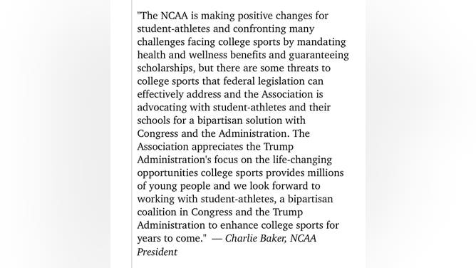 NCAA President Charlie Baker responds to executive order signed by Donald Trump