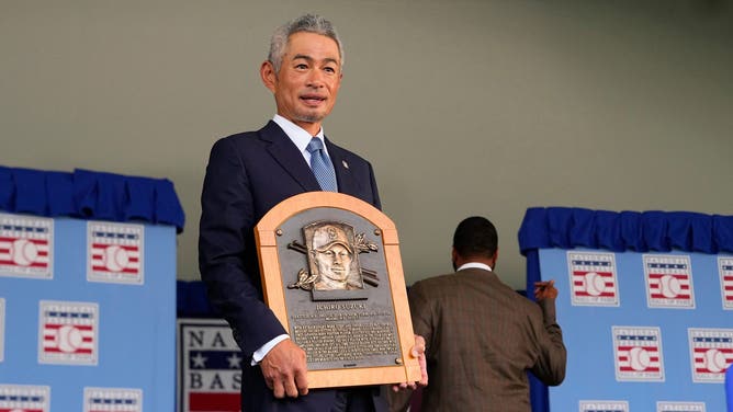 Hall of Fame Inductee Ichiro Suzuki poses with his Hall of Fame plaque after the Baseball Hall of Fame Induction Ceremony at the Clark Sports Center.