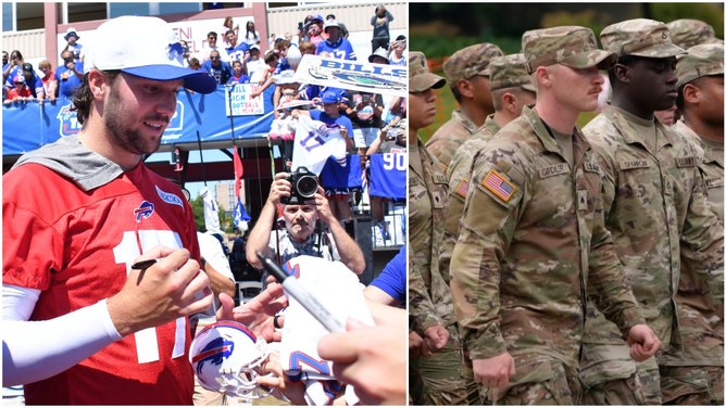 Buffalo Bills QB Josh Allen, the reigning NFL MVP, took a quick break from signing autographs for kids to take off his hat and shake the hands of several U.S. military service members.