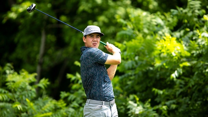 Michael Thorbjornsen hitting his tee shot during the final round of the 2024 John Deere Classic at TPC Deere Run in Silvis, Illinois. (Photo credit: Joseph Cress-Imagn Images)