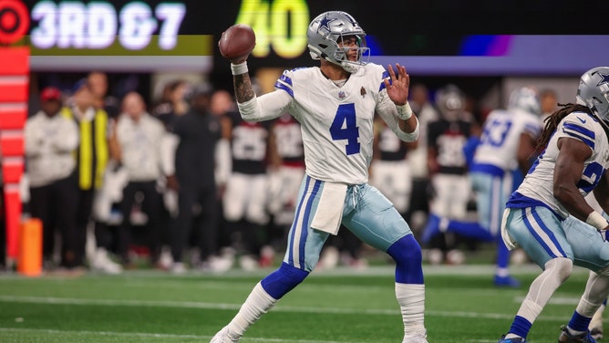Dallas Cowboys QB Dak Prescott drops back to pass vs. the Atlanta Falcons at Mercedes-Benz Stadium in Georgia. (Photo Credit: Brett Davis-Imagn Images)