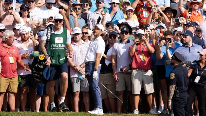 Tommy Fleetwood reacts to a bad shot from the rough on the 15th hole during the final round of the 2025 Travelers Championship. (Photo Credit: Bill Streicher-Imagn Images)