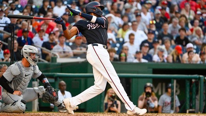 Washington Nationals rookie OF James Wood hits a solo home run vs. the Detroit Tigers at Nationals Park. (Photo Credit: Brad Mills-Imagn Images)