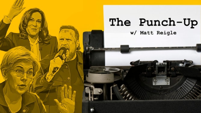 The Punch-Up logo with Kamala Harris, Jelly Roll, and Elizabeth Warren