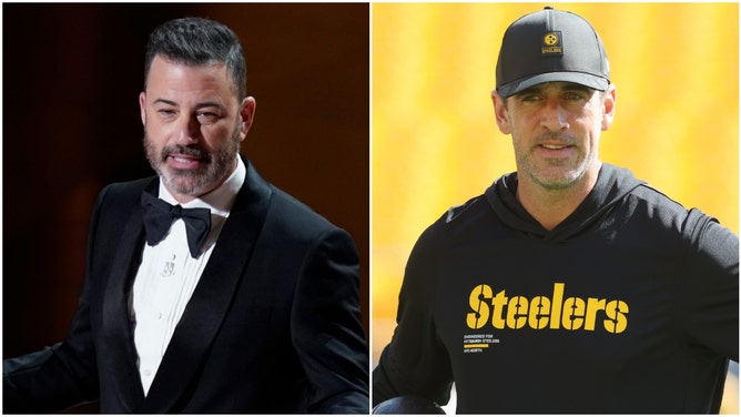 Side-by-side of Jimmy Kimmel and NFL QB Aaron Rodgers.