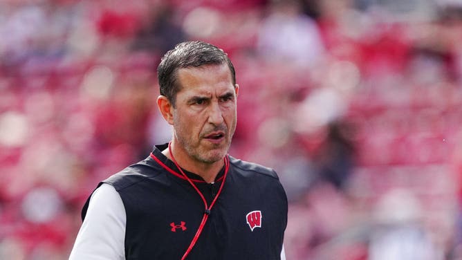 Wisconsin Badgers head coach Luke Fickell stands before a college football game between the Wisconsin Badgers and the Ohio State Buckeyes at Camp Randall Stadium in Madison, Wisconsin, on October 18, 2025. (Photo by Ross Harried/NurPhoto via Getty Images)